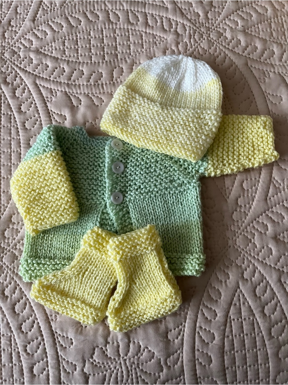 Hand-Knit Baby Hat, Cardigan & Shorts Set in Mint Green and Pale Yellow